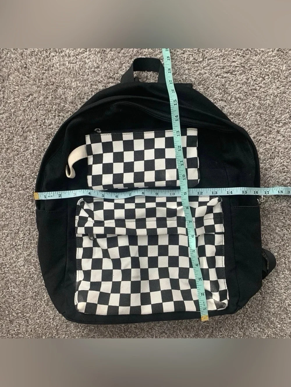 Black Backpack with Checkerboard Front Pocket & Matching Zipper Pouch